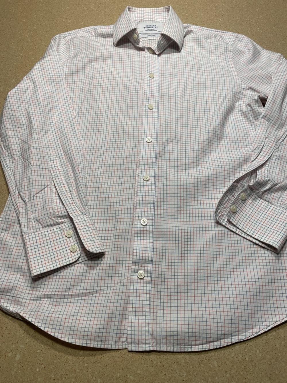 Charles Tyrwhitt White Dress Shirt with Pink and Blue Windowpane
